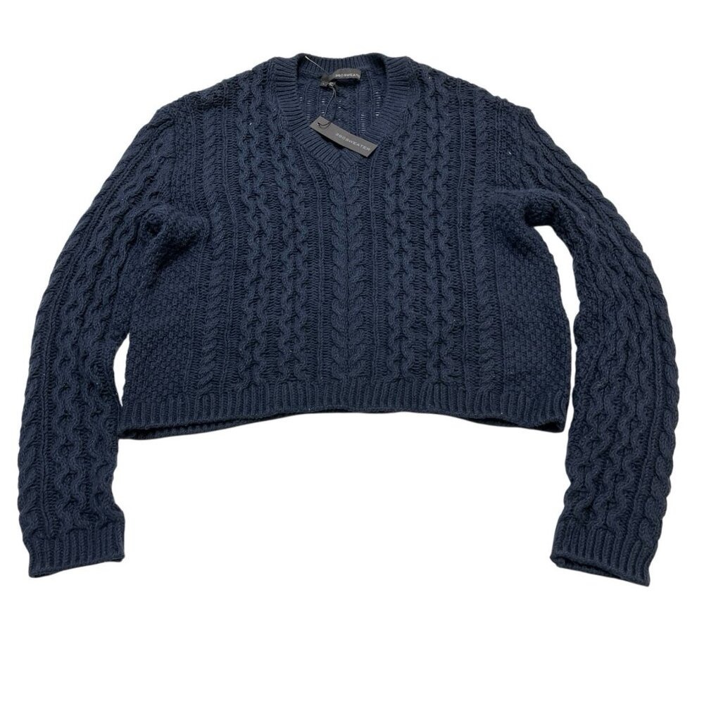 360 Sweater‎ Blue Cotton Cable Knit Cropped Boxy Pullover Size L Open Knit Beach